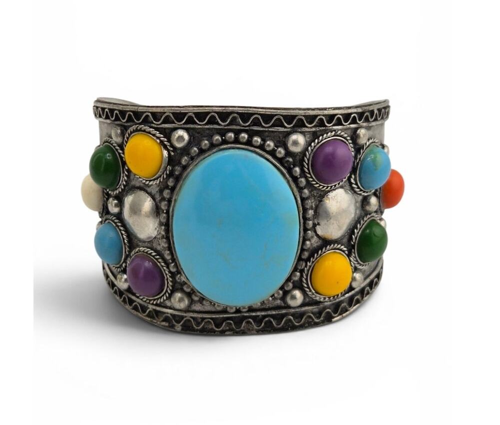 Vintage Southwest Style Wide Silver Tone Multi Color Cabochon Cuff Bracelet